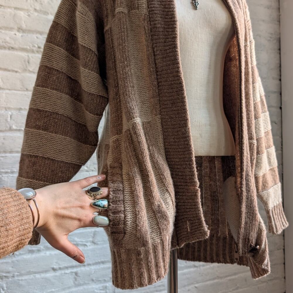 Vintage Wool Neutral Knit Cardigan Zipper Chunky Stripe Sweater Cozy Shacket - Picture 4 of 8